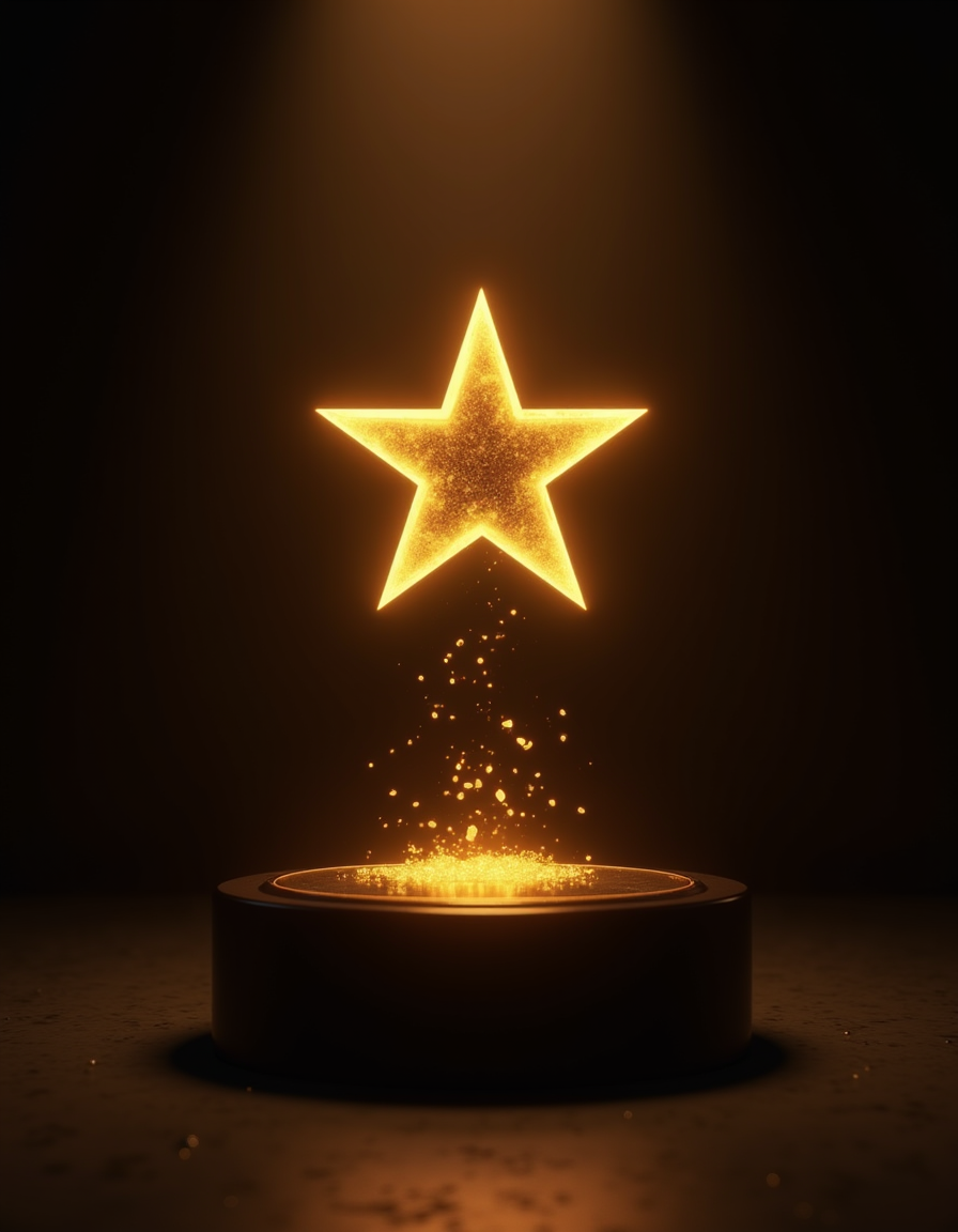 A radiant glowing gold star rising over a dark plinth — Ovation turns every Google review into a five-star moment.